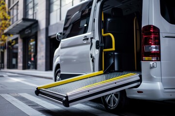 Fototapeta premium A wheelchair accessible minivan is parked outside with an open door and an extended ramp.