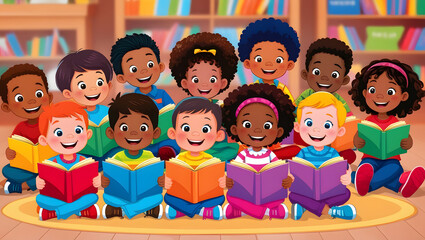 group of diverse young kids children student reading book listen story class kindergarten school education learning classroom library happy heartwarming storytelling cartoon illustration cute digital