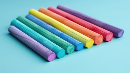 Fototapeta premium Colorful drawing chalk set on cyan background with clipping path