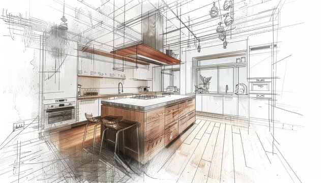 Architectural sketch of a kitchen interior design with wooden and white colors.