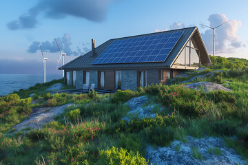 Obraz premium country house covered with solar panels on a hill and wind generators in the distance