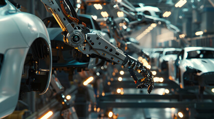 Fototapeta premium Robotic arms assembling cars on a production line in a modern factory, showcasing automation and precision in automotive manufacturing.