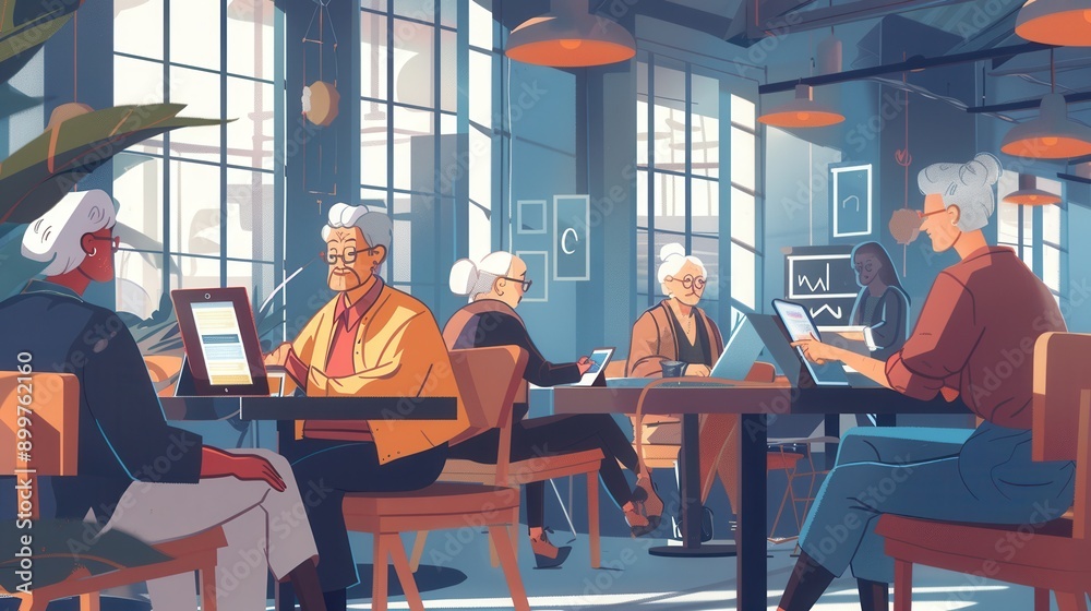 Poster a group of elderly people are using tablets and laptops, enjoying their time together in a cozy café