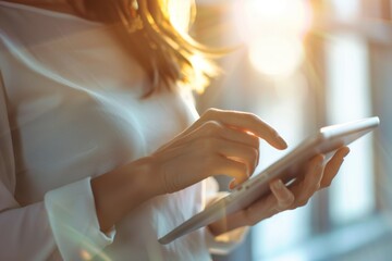 Obraz premium Close up of a woman's hands holding a tablet.