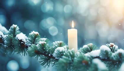 Beautiful christmas candle with copy space in winter