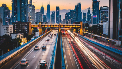 Fototapeta premium Urban Highway with Road Centered Among Cityscape