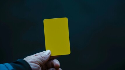 A soccer referee holding a yellow card.	
