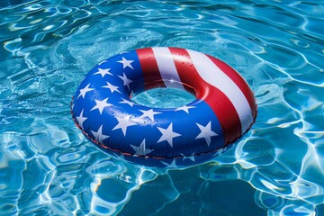 Naklejka premium An inflatable pool ring with the American flag design floating in water.