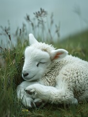 Cute sleeping lamb on green pasture.