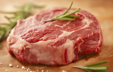 Fototapeta premium Meat; uncooked with a sprig of rosemary; the steak and salted presentation on a wooden cutting board