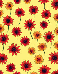 Vibrant Flower Pattern with Red, Yellow, and Orange Blooms