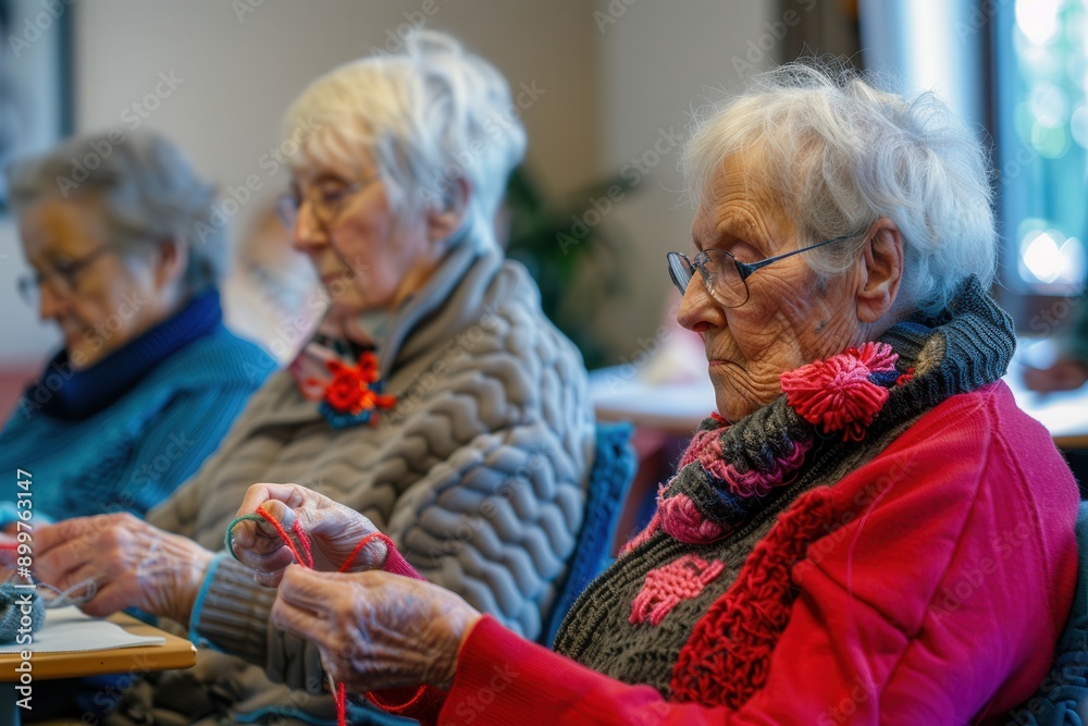 Poster elderly individuals are actively participating in a crafting workshop, focusing on knitting and sewi