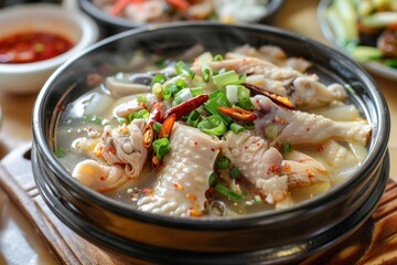 Korean chicken soup samgyetang with chicken legs, ginseng and jujube.
