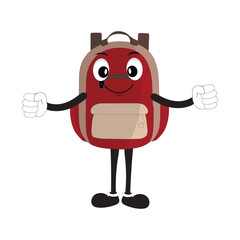 Backpack mascot cartoon Back to school and have fun. Character doodle illustration of walking school bag character design of a school bag