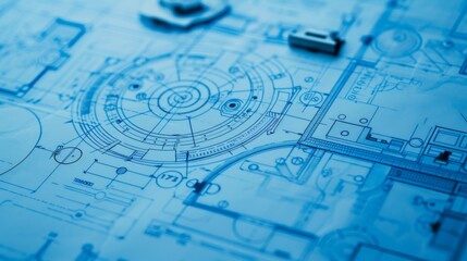 A blue technical schematic illustrating the detailed layout of engineering components. The blueprint-like design emphasizes the precision and complexity involved in the planning and development of