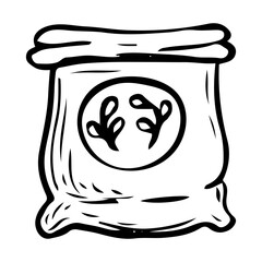 Bag of lawn grass seeds hand drawn in doodle style. Growing flowers and vegetables. Hobby gardening and landscaping. Vector line art illustration.