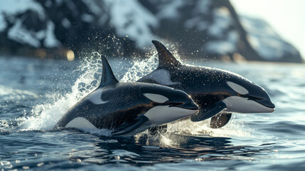 Fototapeta premium Majestic orcas swimming and splashing in the ocean, showcasing wildlife in a marine habitat
