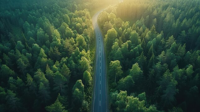 Aerial View of Winding Road Through a Lush Forest