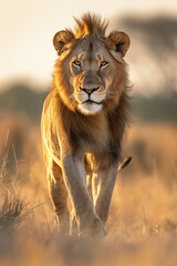 Obraz premium Majestic lion with a golden mane on the African savannah, showcasing wildlife and nature in safari.