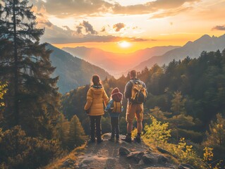 Family standing on top of the mountains and looking at beautiful mountains landscape during sunset. Generative AI.