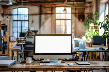 Ecran blanc d'ordinateur dans un local bureau style industriel