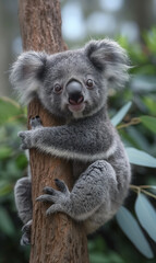 Fototapeta premium Cute koala climbing a tree in the Australian forest, showcasing furry and adorable wildlife