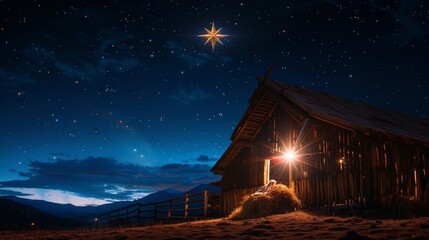A star shines above the stable where Jesus was born.