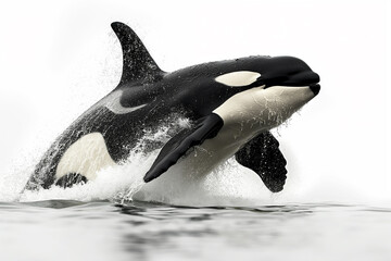 Obraz premium Majestic orca whale with dorsal fin jumping in the ocean water, creating a powerful splash