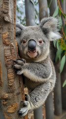 Obraz premium Koala climbing a tree in its natural habitat, showcasing the cute marsupial's wildlife in Australia.