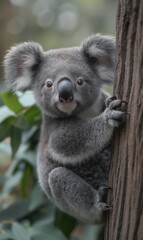 Obraz premium Cute koala climbing a eucalyptus tree with furry paws and inquisitive nature in wildlife outdoors