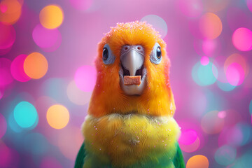 Colorful parrot closeup with vibrant feathers and bokeh background, displaying cute orange and green hues