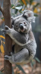 Naklejka premium Cute koala marsupial climbing a tree in the wildlife nature, an iconic Australian animal