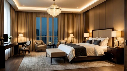 A luxurious hotel bedroom with elegant furniture and a comfortable bed, soft lighting, modern design, cozy atmosphere