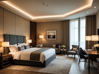 Fototapeta premium A luxurious hotel bedroom with elegant furniture and a comfortable bed, soft lighting, modern design, cozy atmosphere