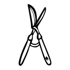 Garden tool pruner hand drawn in doodle style. Hobby gardening. Pruning branches. Trimming trees. Vector line art illustration.