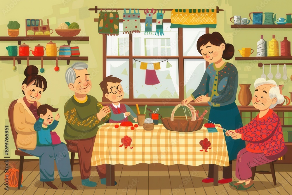 Poster elderly individuals and children participate in a warm, engaging crafting session, creating various 