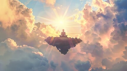 A person meditating in a lotus position on a floating island in the sky, with pastel clouds and rays of sunlight, representing a peaceful state of mind.