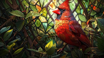 Stained glass depiction of a colorful cardinal with bright red feathers, nestled among lush green leaves and vines.