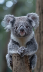 Cute furry koala marsupial posing on a tree in the forest surrounded by nature and eucalyptus