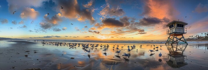 Vibrant Sunset Illuminates Beach With Lifeguard Tower and Shorebirds 