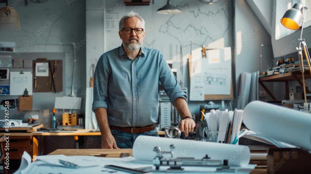 Aufkleber Architect standing in a bright office with blueprints and technical drawings. Architectural design and creative workspace concept.