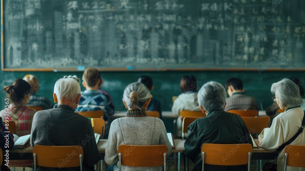 Fototapete A group of elderly individuals studies foreign languages using textbooks and dictionaries in a classroom setting, focused on learning together. Generative AI