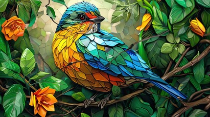 Fototapeta premium Stained glass depiction of a colorful roller with bright blue and green feathers.