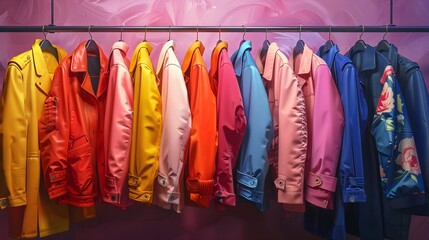 Multi-colored women's jackets hanging on hangers, background, wallpaper, graphic resource