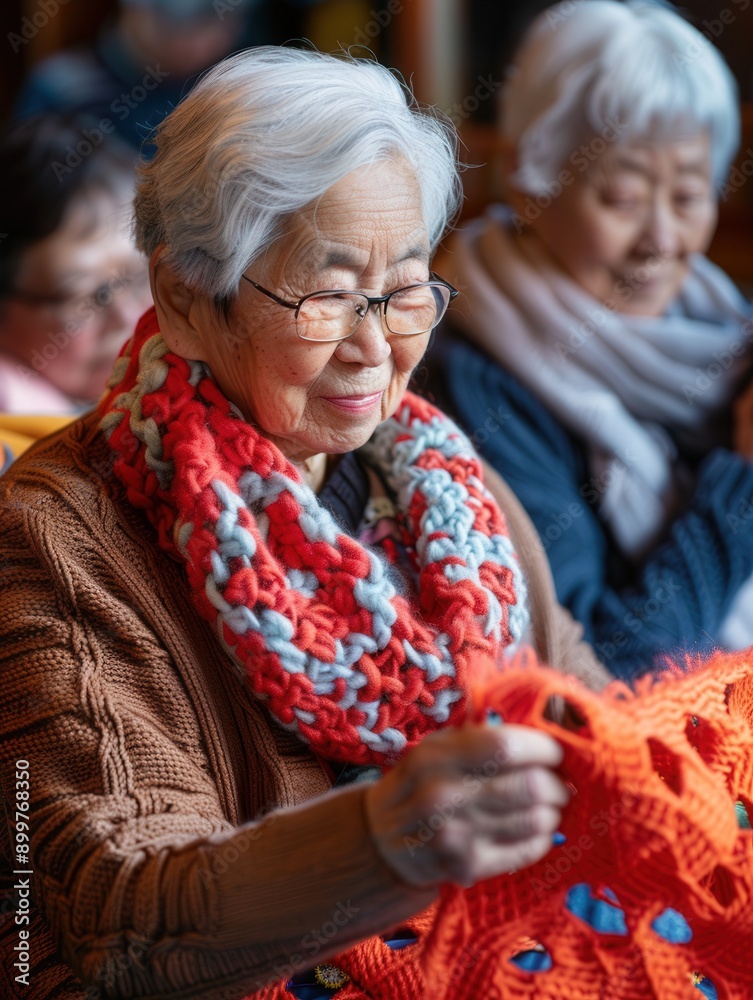 Poster elderly individuals happily engage in knitting and sewing activities, sharing skills and enjoying ea