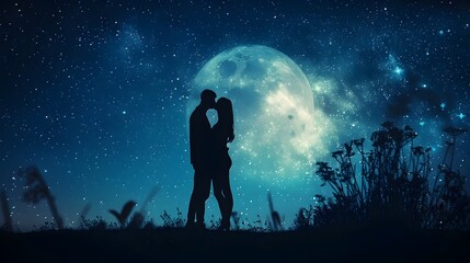 Fototapeta premium Silhouetted Couple Sharing Tender Kiss Under Starry Night Sky and Full Moon