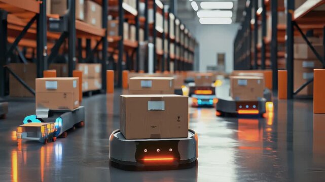 A brightly lit warehouse showcasing the future of logistics. Numerous small, agile robots transport boxes on flat platforms, efficiently moving them through the warehouse.