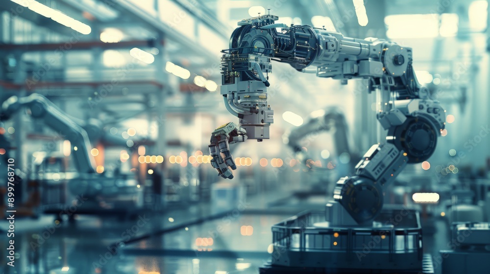 Aufkleber Robotic arm in an industrial setting with blurred background. Concept of automation and advanced manufacturing technology.