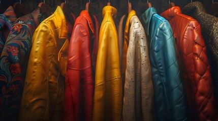 Fototapeta premium Multi-colored women's jackets hanging on hangers, background, wallpaper, graphic resource