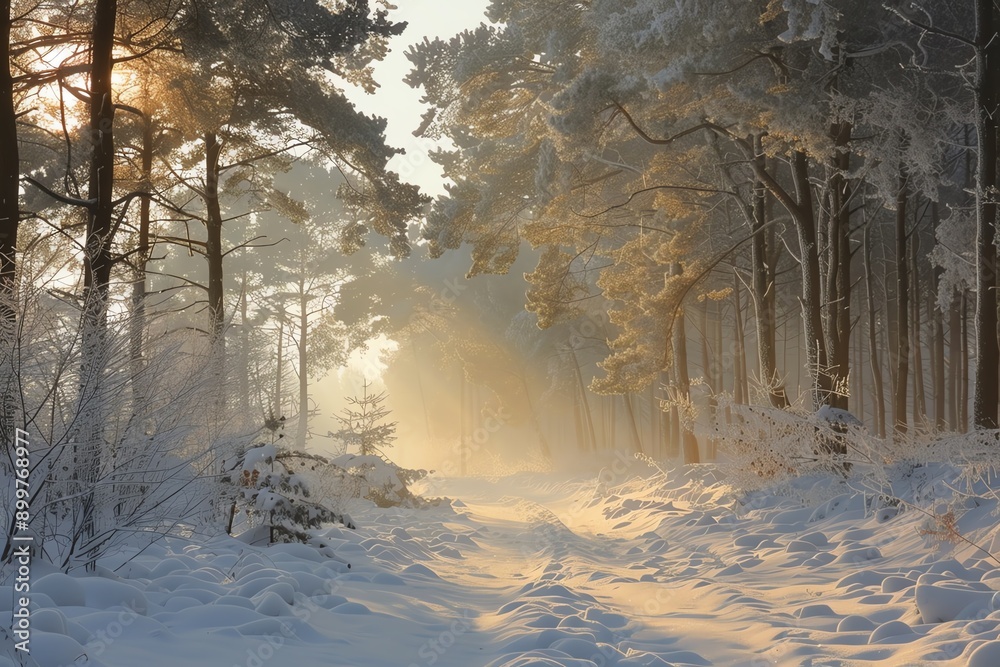 Poster Scenic winter forest with snow-covered trees illuminated by golden sunlight, creating a serene and magical atmosphere.